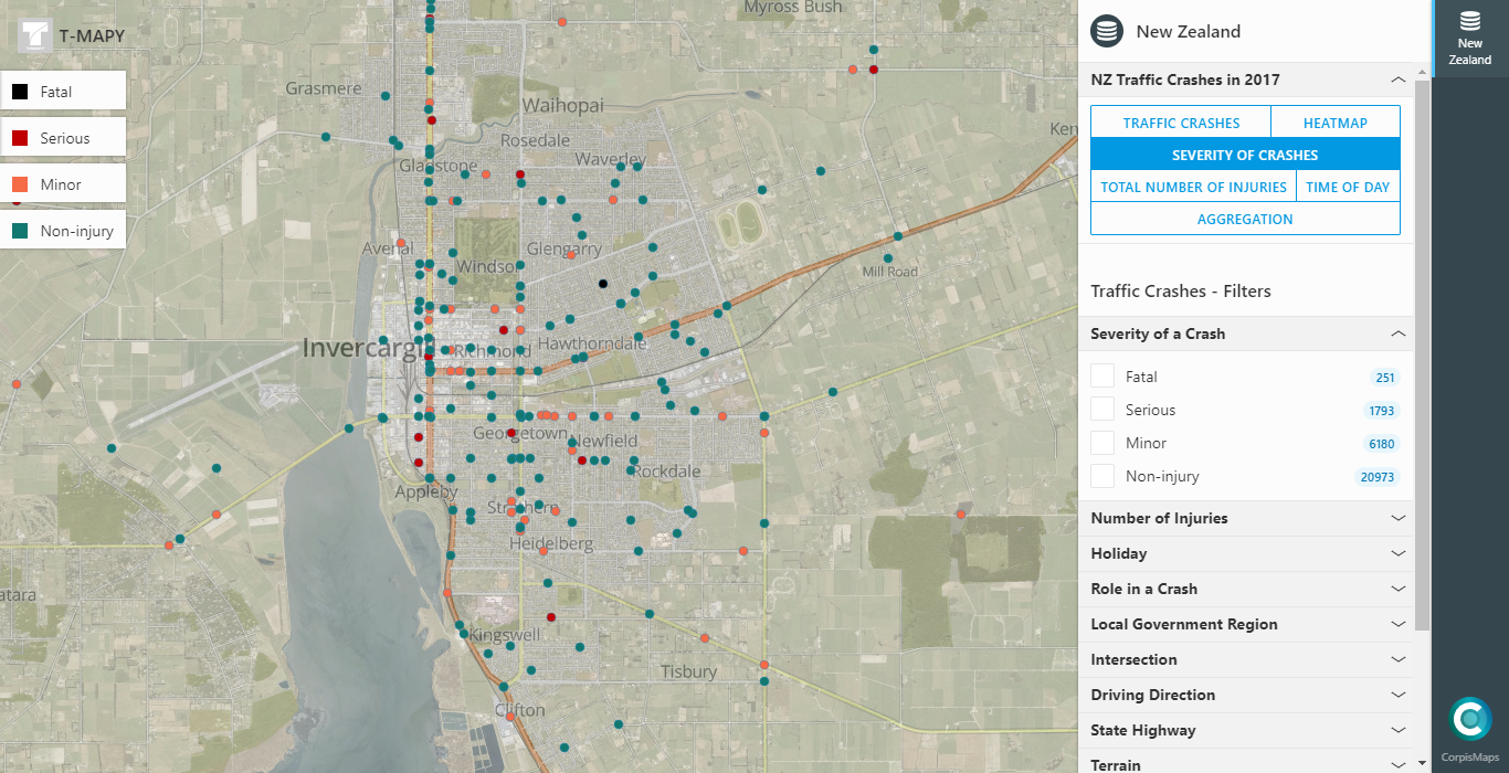 New Zealand Crash Analysis Interactive Map in CORPIS MAPS TMAPY